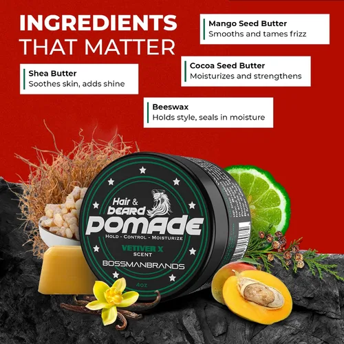 Miniatura 3 de Bossman Pomada Natural para Cabello y Barba para Hombres (Aroma Vetiver X) – Fijación Media e Hidratante para Peinado de Cabello, Barba y Bigote