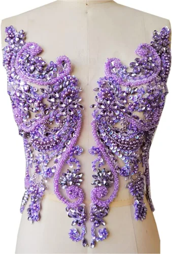 Miniatura 15 de Apliques de encaje hechos a mano con diamantes de imitación para coser en cuentas y lentejuelas para accesorios de ropa de vestido, (verde)