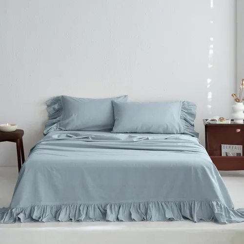 Juego de sábanas de lino belga con volantes largos, 4 piezas (1 sábana encimera, 1 sábana bajera y 2 fundas de almohada), sábana de cama de estilo