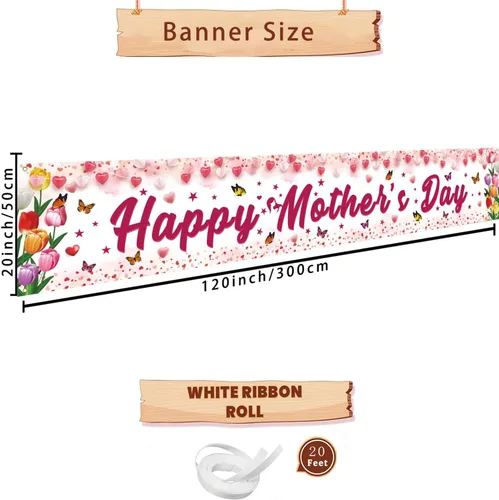 Miniatura 2 de Decoraciones para el día de la madre, pancarta de feliz día de la madre, tamaño grande, diseño floral rosa con mariposas, decoración para el día