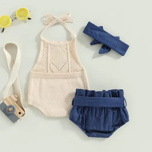 Miniatura 3 de Rtnnsbbfcm Ropa de verano para bebé recién nacida, sin mangas, cuello halter, mameluco floral con diadema de 3 piezas
