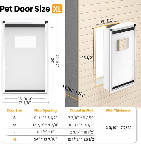 Miniatura 6 de Puerta de perro para pared, puerta de perro de acero con túnel telescópico, puerta de mascotas resistente a la intemperie con dos paneles de bloqueo