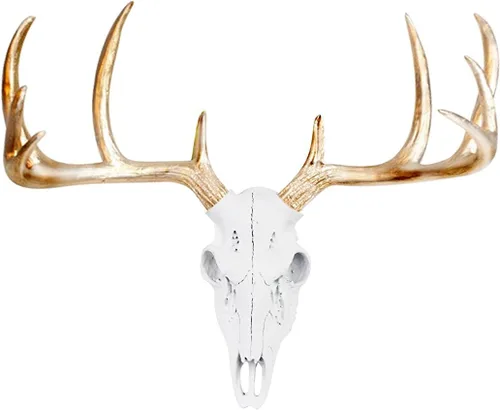 Wallcharmers Decoración de pared grande con cuernos blancos y dorados, decoración de pared de cabeza de animal de taxidermia sintética de 21