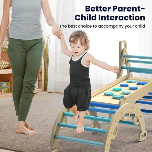 Miniatura 6 de BlueWood Juego de Triángulo Pikler, 7 en 1 Plegable de Madera Juguetes de Escalada para Niños Pequeños Parque Infantil Interior Gimnasio de la Selva