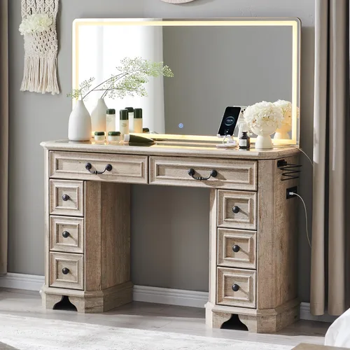 Miniatura 7 de Escritorio con espejo y luces, luces LED de 48 pulgadas, tocador de maquillaje con 8 cajones, mesa de tocador con 3 modos de color, tocador