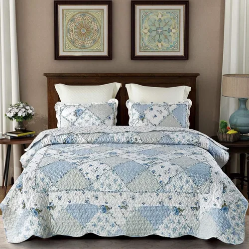 Miniatura 2 de VIVILINEN Juego de edredón de retazos florales azules, tamaño matrimonial, juego de ropa de cama de 3 piezas con 2 fundas de almohada