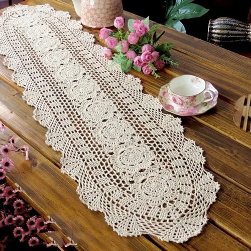 Miniatura 12 de Pasillos de mesa de algodón de ganchillo hechos a mano, color beige, bufandas ovaladas, 11.8 x 35 pulgadas.