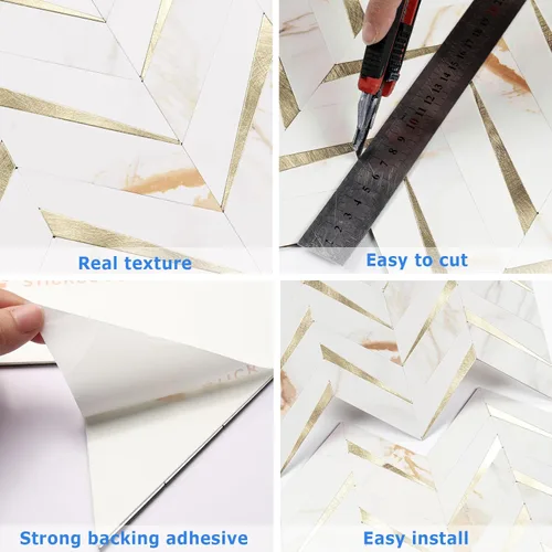 Miniatura 4 de STICKGOO 10 hojas de azulejos en espiga para despegar y pegar, mármol Calacatta mezclado con PVC dorado claro para salpicaderos, azulejos de pared
