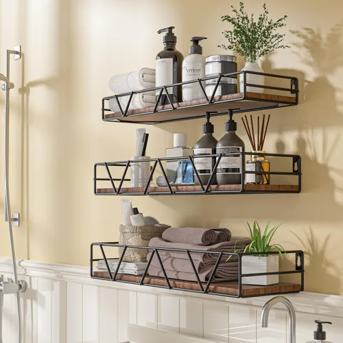 Miniatura 5 de Amaoot Juego de 3 estantes flotantes, estante de pared de madera para el hogar, estante de granja para dormitorio, estante flotante montado