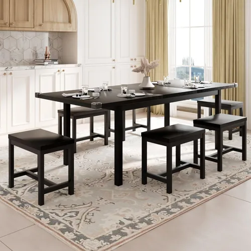 Miniatura 14 de Feonase Juego de mesa de comedor de 5 piezas para 4-8 personas, juego de mesa de cocina grande extensible de 63 pulgadas con 2 bancos y 2 taburetes