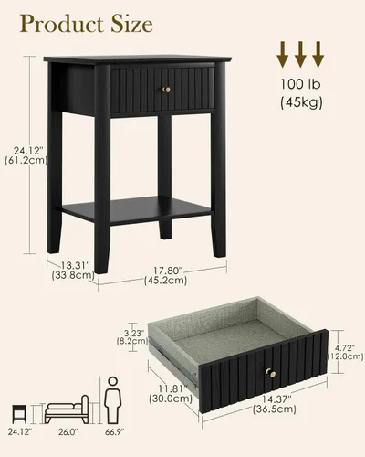 Miniatura 2 de Mesita de noche acanalada, mesita de noche de granja con 1 cajones, mesa auxiliar moderna de mediados de siglo, mesa auxiliar de noche para Negro