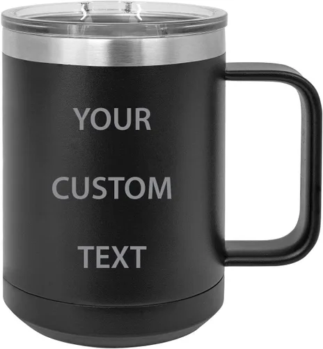 Vaso de viaje de acero inoxidable de 15 onzas con aislamiento para añadir tu texto personalizado, taza de café con asa, tapa deslizante, Negro