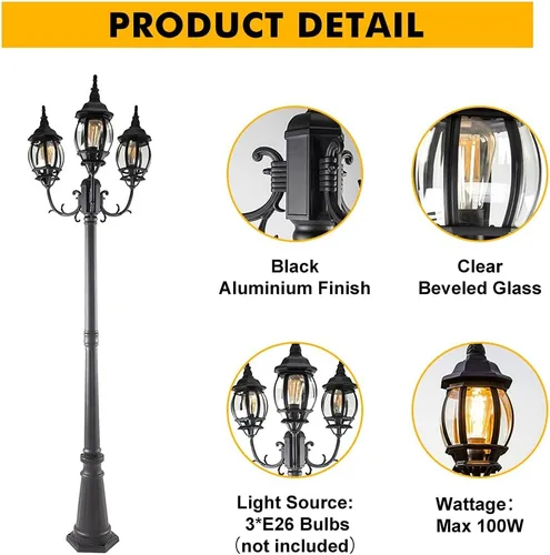 Miniatura 2 de LUTEC Poste de lámpara para exteriores con triple cabezal, luz de calle cableada para césped, patio, camino, jardín, poste negro con paneles