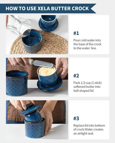 Miniatura 6 de XELA - Vajilla de mantequilla de cerámica - Plato de mantequilla con tapa para encimera - Mantenga su mantequilla perfectamente untable 24/7 - Con