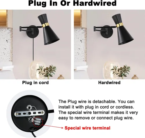 Miniatura 5 de Moderno aplique de pared con brazo oscilante, lámpara de pared enchufable para mesita de noche de dormitorio, accesorios de pared inalámbricos