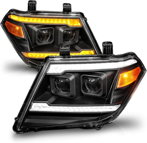 Miniatura 2 de AmeriLite para camioneta pickup Nissan Frontier 2009-2020 Juego de faros delanteros de proyector negro con tubo LED DRL y señal secuencial