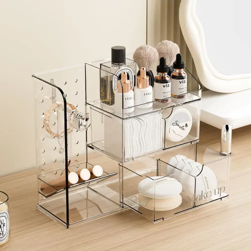 KHNR Organizador de maquillaje para tocador, organizador de maquillaje acrílico con organizador de joyas, organizador de accesorios de baño con