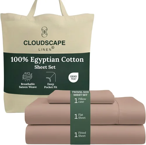 Miniatura 24 de Cloud Scape Linen - Juego de sábanas de algodón egipcio de doble capa, tamaño individual, tejido de satén de fibra larga, juego de 3 piezas, ropa