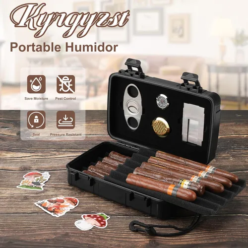 Miniatura 4 de Estuche para cigarros de viaje con capacidad para 10 puros, humidor de cigarros portátil incluye cortador de puros, humidificador, higrómetro, juego