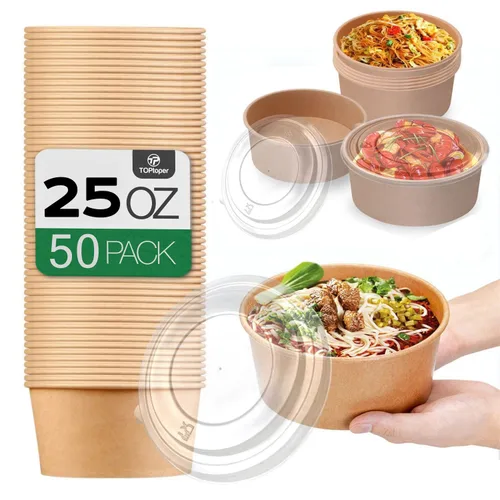 TOPtoper Paquete de 50 cuencos de papel grandes de 25 onzas con tapas, cuencos desechables para servir sopas, suministros de fiesta a granel para