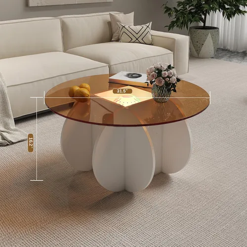 Miniatura 2 de HedoAjim Mesa de centro redonda LED con parte superior de cristal, mesa central con almacenamiento para sala de estar, espacios pequeños, oficina