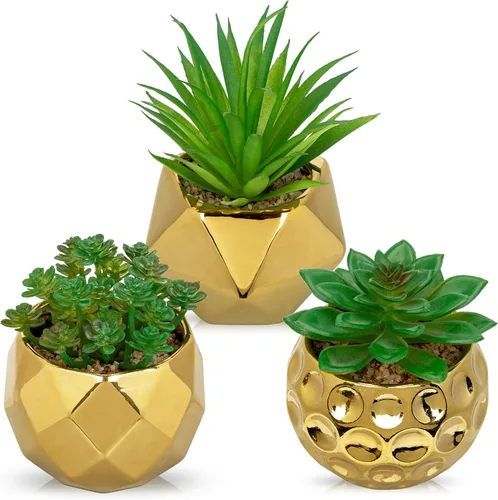 Miniatura 10 de Briful Plantas suculentas artificiales en macetas de cerámica, juego de 3 suculentas artificiales con macetas geométricas negras, decoración moderna