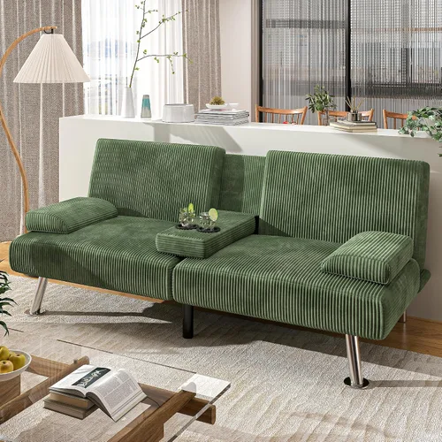 Miniatura 7 de Shahoo - Sofá moderno tapizado, futón convertible plegable con reposabrazos removibles, patas de metal, 2 portavasos para sala de estar, beige