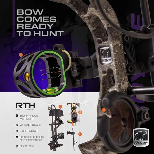 Miniatura 4 de Bear Archery Royale Ready to Hunt Paquete de Arco Compuesto para Adultos y Jóvenes, Longitud de Apertura de 12”- 27”, Potencia de Apertura de 5-50