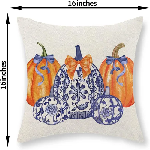 Miniatura 2 de Juego de 2 fundas de almohada de otoño de 16 x 16 pulgadas, diseño de calabaza azul y naranja, decoración de Acción de Gracias, decoración de otoño