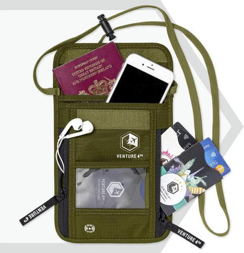 Miniatura 3 de Cartera de viaje para el cuello con bloqueo RFID, bolsa de cuello para pasaporte para hombres y mujeres para mantener los documentos seguros, Verde