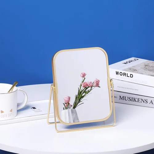 Miniatura 5 de Espejo de maquillaje de mesa dorado, espejo de tocador cuadrado de doble cara, espejo de escritorio para baño casero