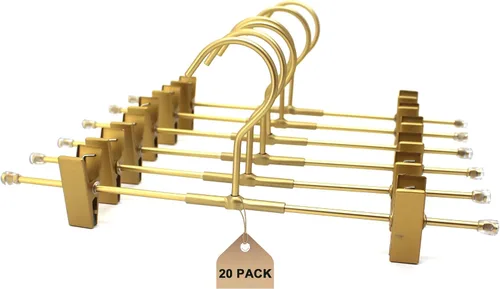 Perchas para pantalones cortos, paquete de 20 perchas para jeans para armario, perchas de aluminio dorado de 11.8 pulgadas con 2 clips ajustables