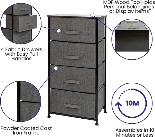 Miniatura 4 de Flash Furniture Harris - Cómoda de almacenamiento de 4 cajones, marco de hierro fundido negro y parte superior de madera, 4 cajones de tela gris