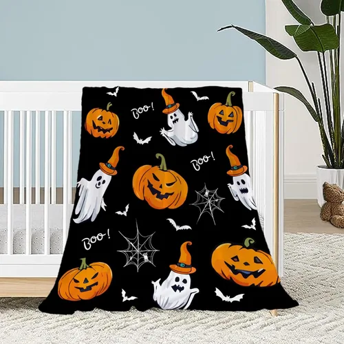 Miniatura 10 de Manta de Halloween para bebé, mascota y niño, espeluznante manta de fantasma de calabaza negra para cuna, cochecito, manta decorativa y mullida