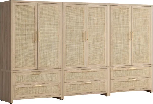 Miniatura 17 de SICOTAS Armario Ropero Gabinete de Ratán, Gabinete de Almacenamiento de 71" con Puertas, 2 Cajones y Barra Colgante, Organizador de Ropa Boho Roble
