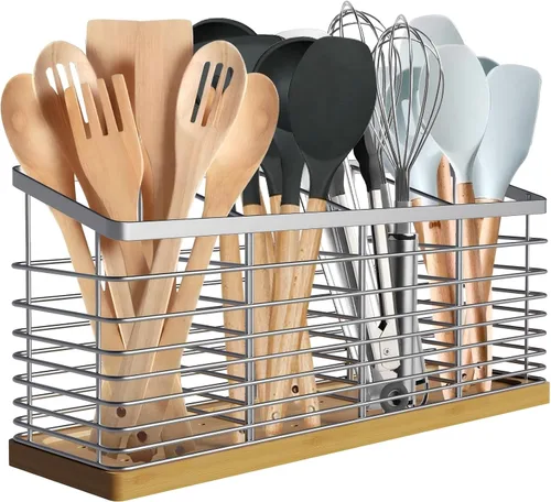 Miniatura 9 de Suli Soporte para utensilios de cocina extra grande con 4 compartimentos, soporte de metal negro mate con base de madera para encimera