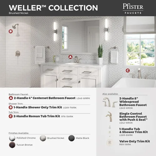 Miniatura 7 de Pfister Weller LG42WR0K - Grifo de lavabo de baño de una sola manija, instalación de 1 agujero o 3 agujeros, acabado de níquel cepillado con drenaje