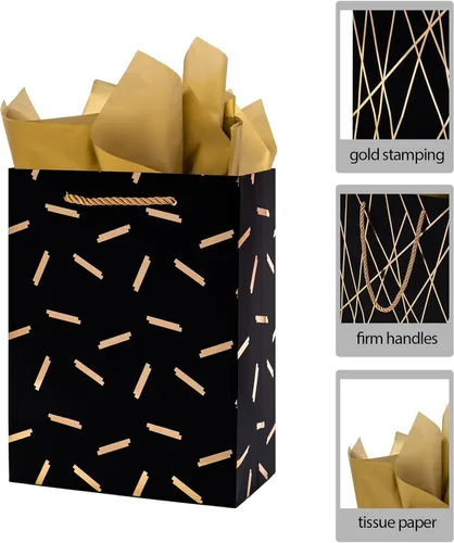 Miniatura 3 de Nihuecne Bolsas de regalo de tamaño mediano de 9 pulgadas con papel de seda, paquete de 4 bolsas de regalo de papel de envoltura de oro negro