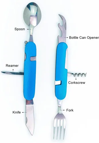 Miniatura 4 de Juego de cubiertos plegables multifunción de 6 en 1 para camping, cuchillo plegable con bolsillo desmontable y estuche de transporte (Oro + Azul)