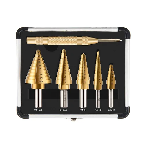 ZELCAN HSS - Juego de 5 brocas escalonadas de titanio con punzón central automático para chapa metálica con caja de aluminio, 50 tamaños en 5 brocas