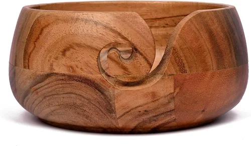 Samhita Cuenco de hilo de madera de acacia para ganchillo y tejer hecho a mano por artesanos indios, regalos de cumpleaños para mamá y amantes del
