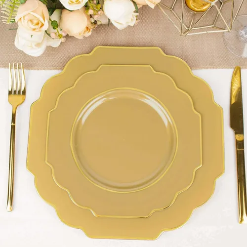 Miniatura 15 de Efavormart - Paquete de 10 platos de postre de plástico color rosa canela de 8 pulgadas, con borde dorado barroco, platos de ensalada desechables