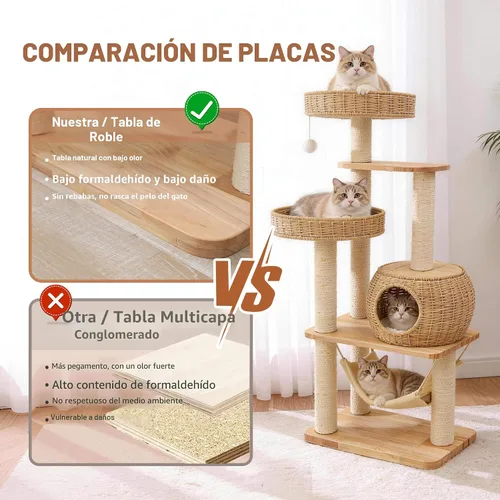 Miniatura 4 de Árbol de madera para gatos de 55 pulgadas para gatos de interior y adultos, torre alta para gatos con poste rascador y acogedora hamaca para gatos