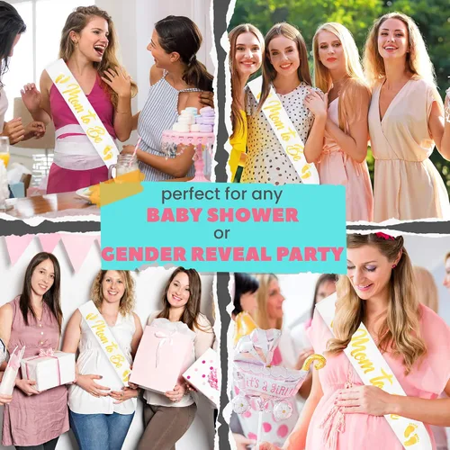 Miniatura 2 de CORRURE Banda para baby shower para niño o niña, banda con la frase "Mom to Be" con hermosa cinta blanca y texto dorado - Ideal para revelación