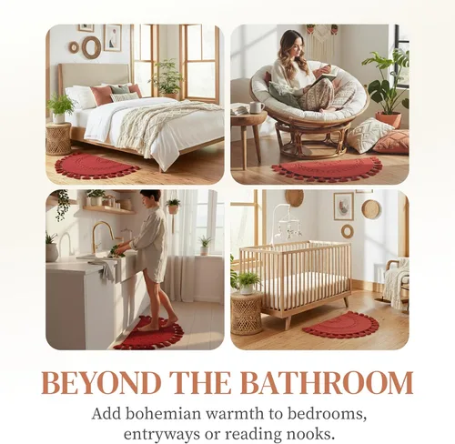Miniatura 6 de Alfombra bohemia para baño, tapete de algodón medio círculo con inserto de ganchillo y borlas, tapete bohemio decorativo antideslizante para baño
