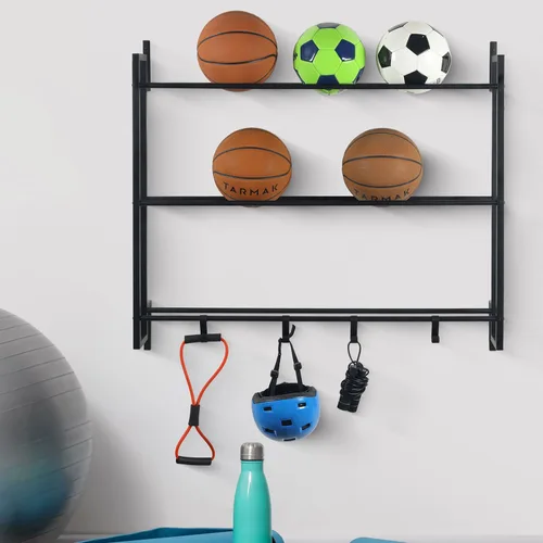 Miniatura 3 de MyGift Estante para pelotas montado en la pared, 3 niveles de gimnasio, equipo de ejercicio, organizador de almacenamiento, estante con 4 ganchos