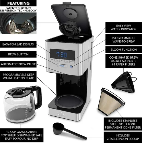 Miniatura 8 de VINCI RDT Elite - Cafetera giratoria con cabezal rociador Cafetera programable de 12 tazas con función Bloom y tecnología de dispersión rotativa