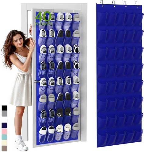 Miniatura 14 de Organizador de zapatos colgante sobre la puerta con 40 bolsillos grandes de malla transpirable, soporte de zapatos que ahorra espacio, estante