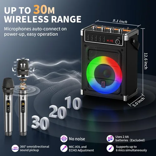 Miniatura 6 de JYX - Máquina de karaoke con 2 micrófonos inalámbricos, altavoz Bluetooth portátil con ajuste de graves/agudos y luz LED, compatible con TWS