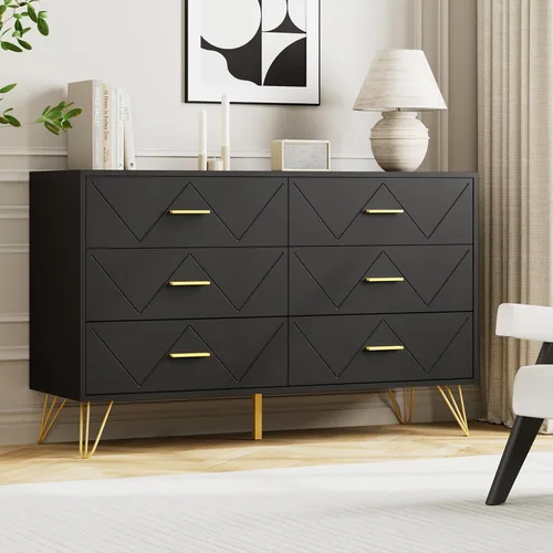 Miniatura 7 de JOZZBY Cómoda para dormitorio, cómoda de madera negra de 6 cajones con asas doradas, cómodas de almacenamiento modernas y cómodas para pasillo